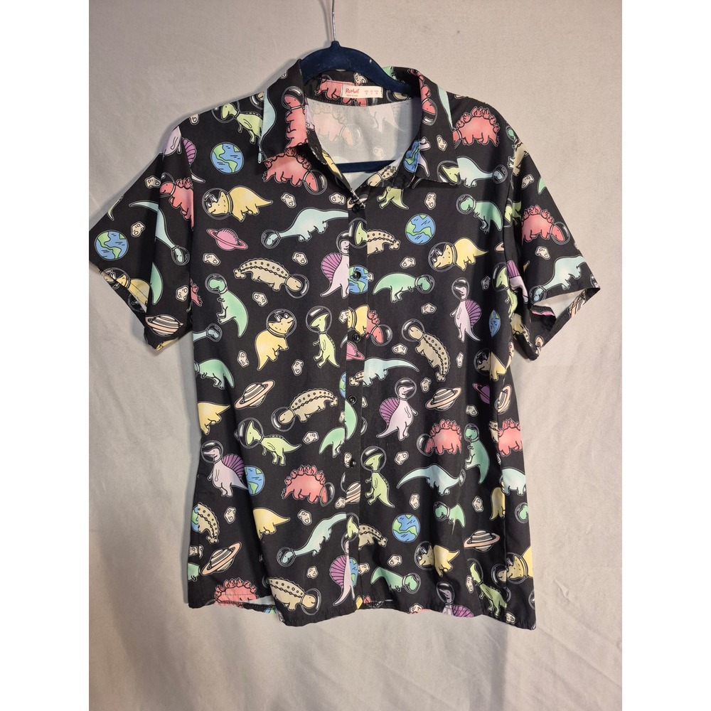 Romwe Space Dinosaur Button Down Short Sleeve Shirt‎ - Quirky Print